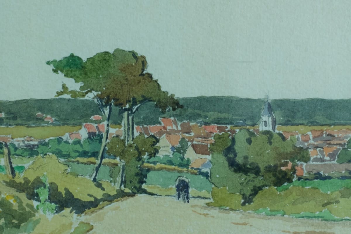 Ancien dessin paysage portrait cycliste à l'entrée d'un village Henri Bréard - Image 1