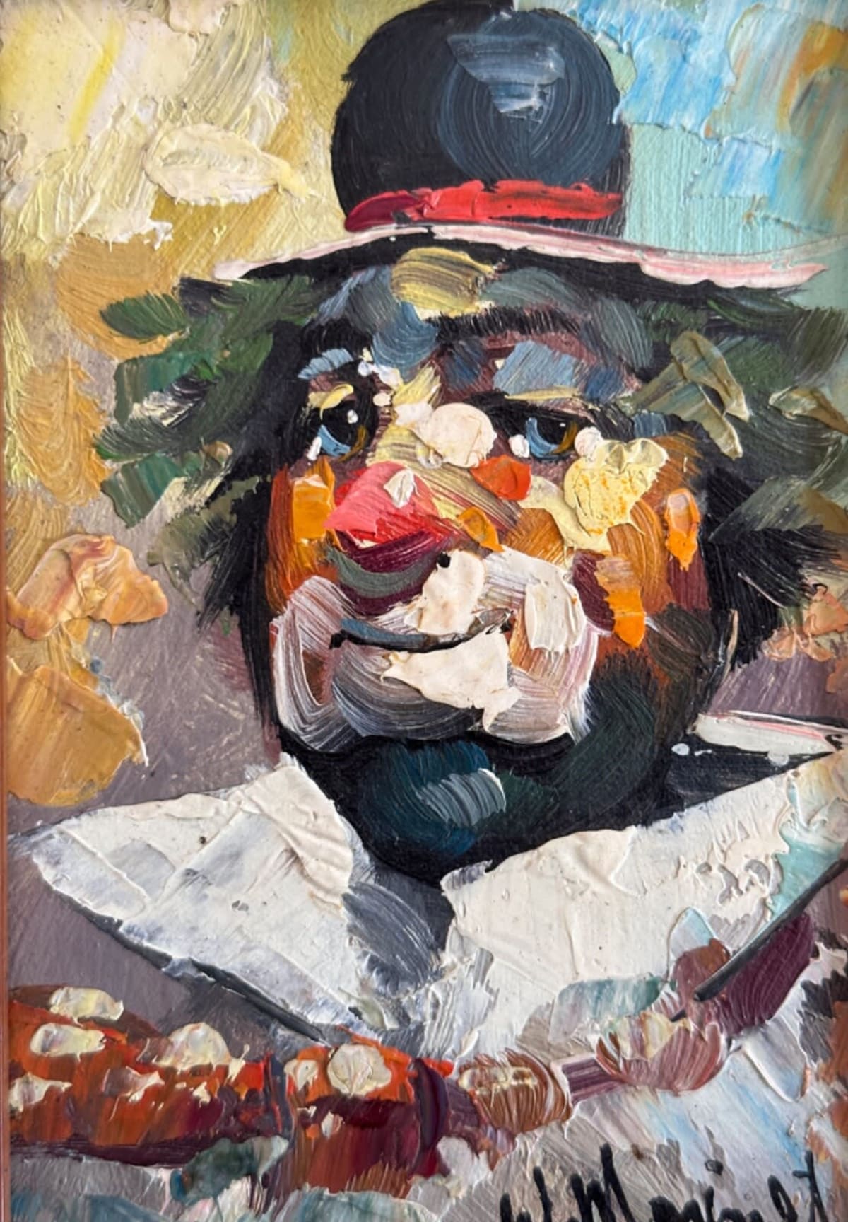 Ancien tableau huile sur panneau signé William Moninet, portrait de clown cirque - Image 1