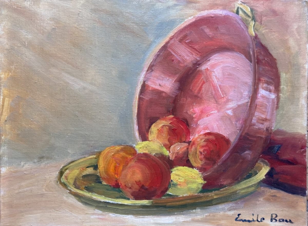 Ancien tableau orientaliste nature morte aux fruits pêches citrons Emile Bou - Image 1