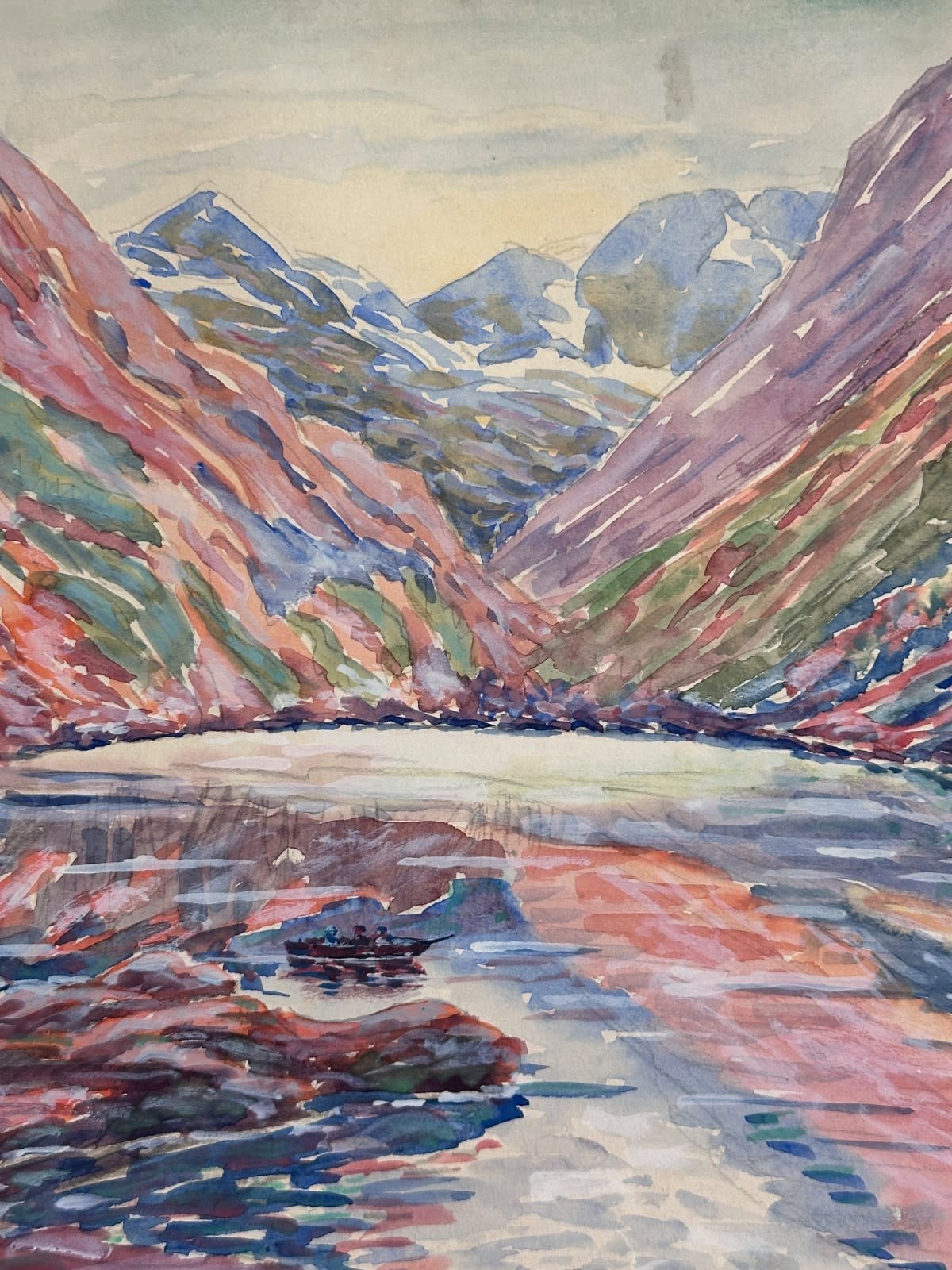Ancienne aquarelle école pyrénéenne vue du lac de Gaube Cauterets 1920 montagne - Image 1
