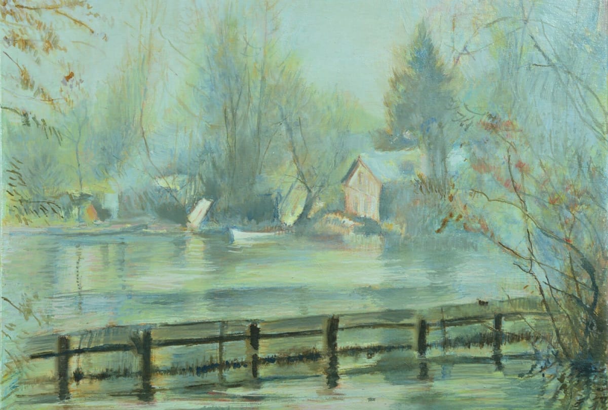 Ancien tableau bord de rivière post impressionniste signé brume matinale Somme - Image 1