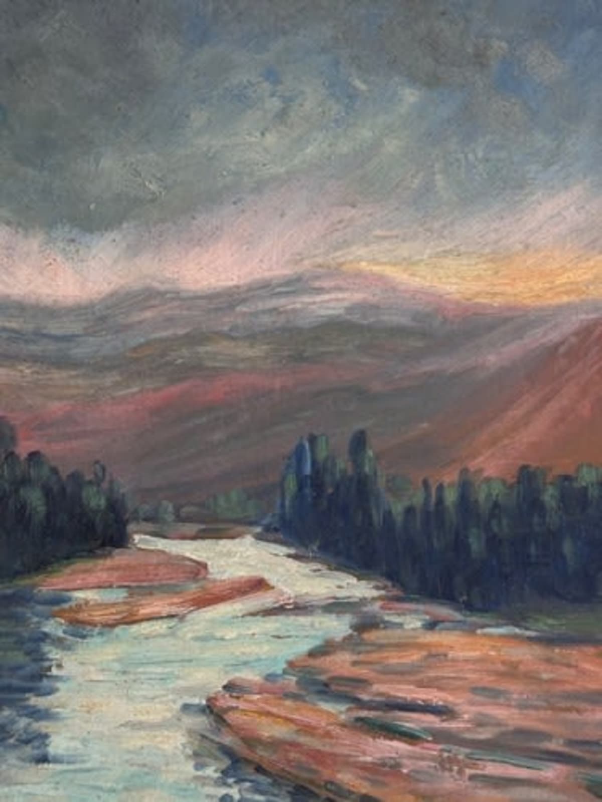 Ancienne tableau école Pyrénéenne vue d'un lac de montagne le soir par Géraud - Image 1