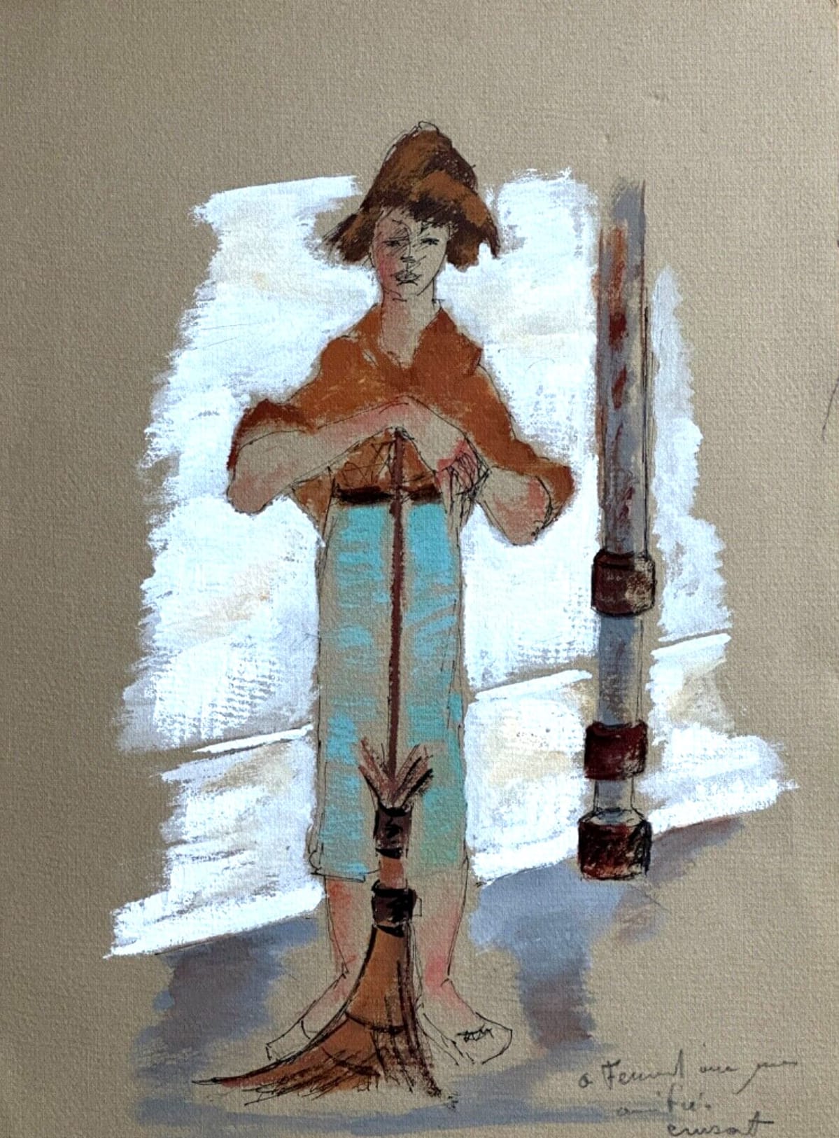 Tableau ancien portrait jeune femme balayeuse rue signé Crusat 1950 Paris - Image 1