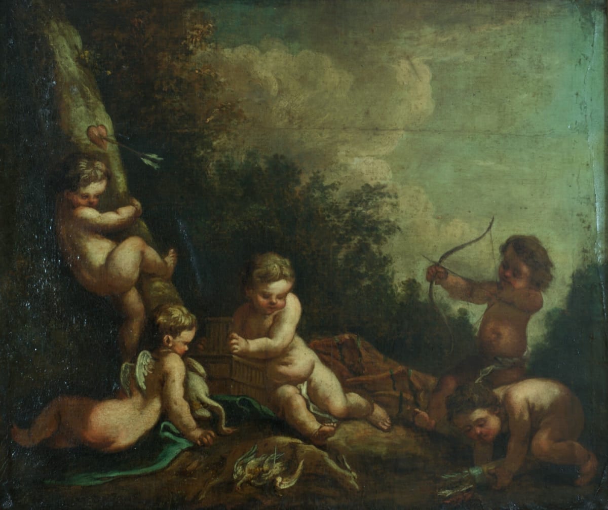 Grand tableau ancien sv François Boucher amour angelot cupidon paysage 18e hst - Image 1
