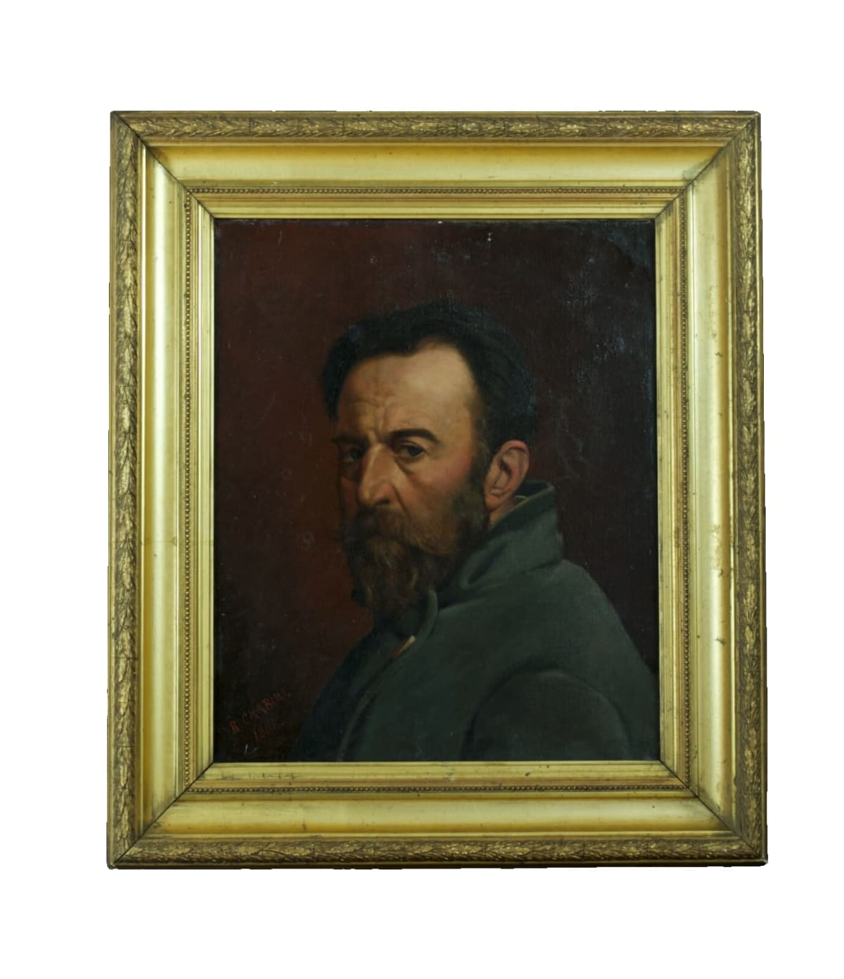 Tableau ancien portrait autoportrait au miroir signé Chabou Toulouse XIXe HST - Image 1