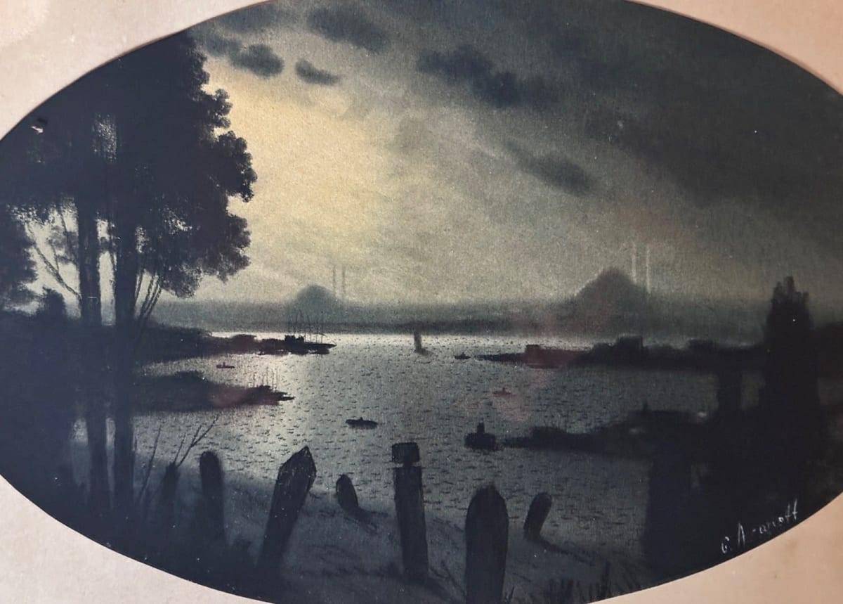 Beau dessin ancien Istanbul mosquée Bosphore la nuit Onnik der Azarian arménien - Image 1