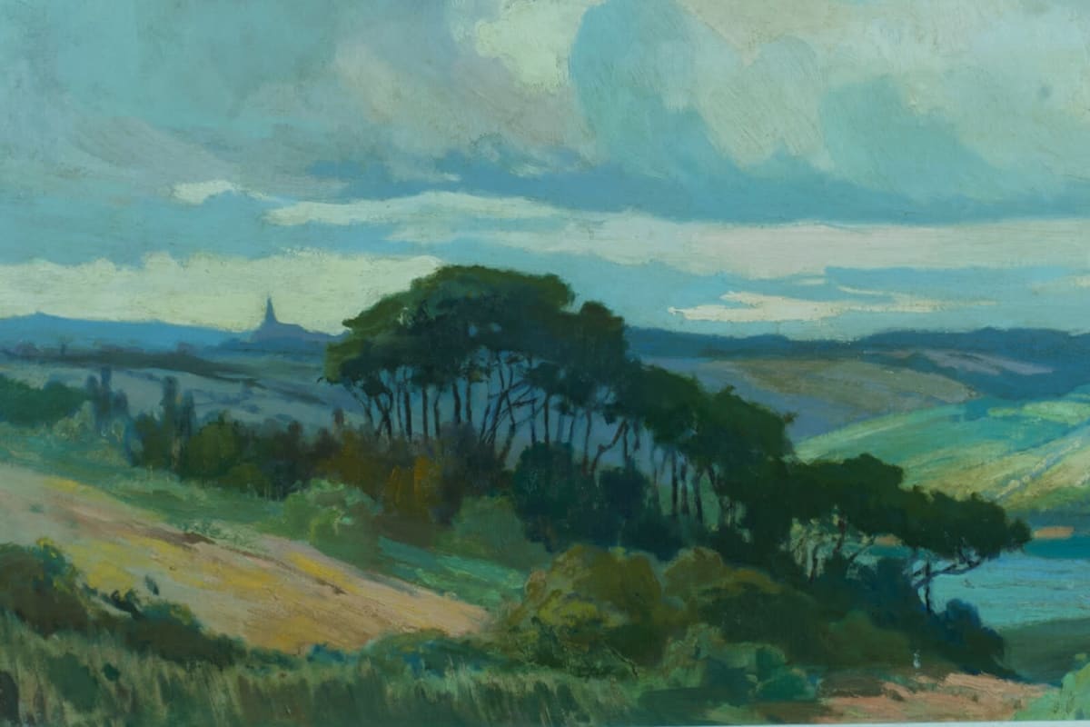 Tableau ancien paysage panoramique pins parasol Landes rivière Pierre Roblin - Image 1