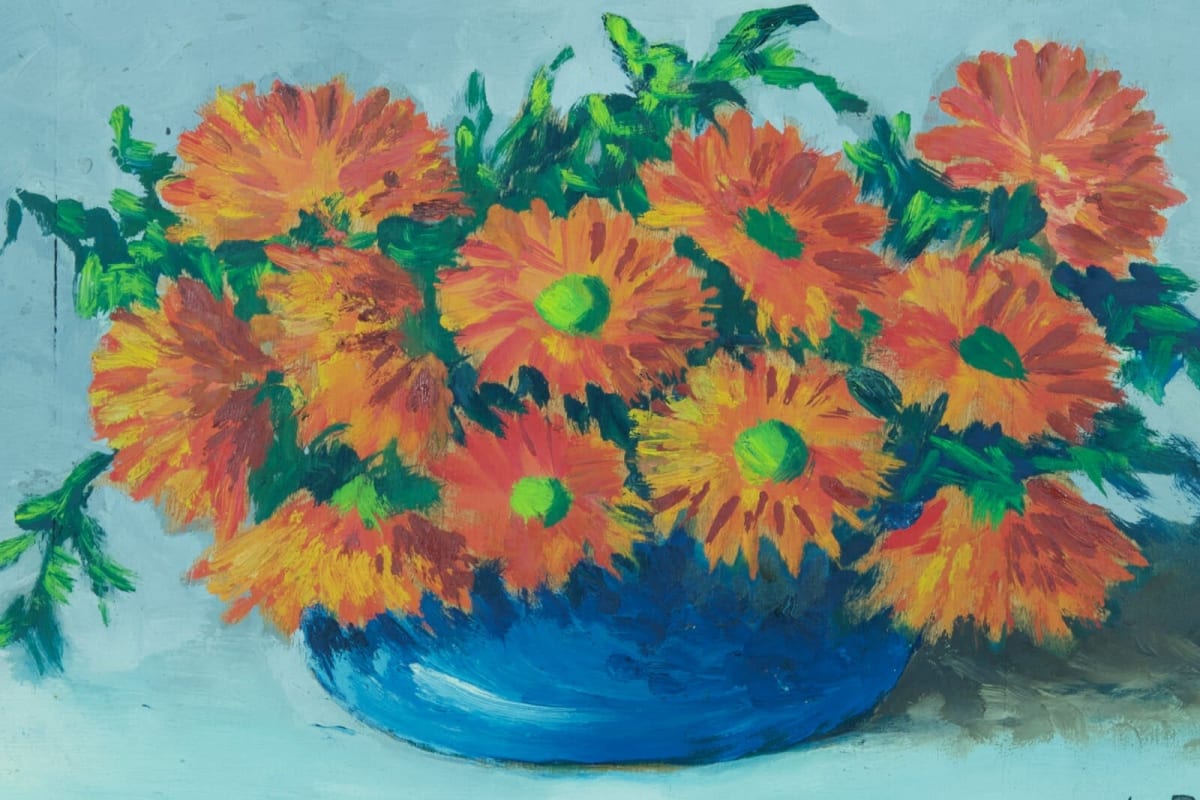 Ancien tableau nature morte au bouquet de fleurs signé Douzon vase bleu 1950 - Image 1