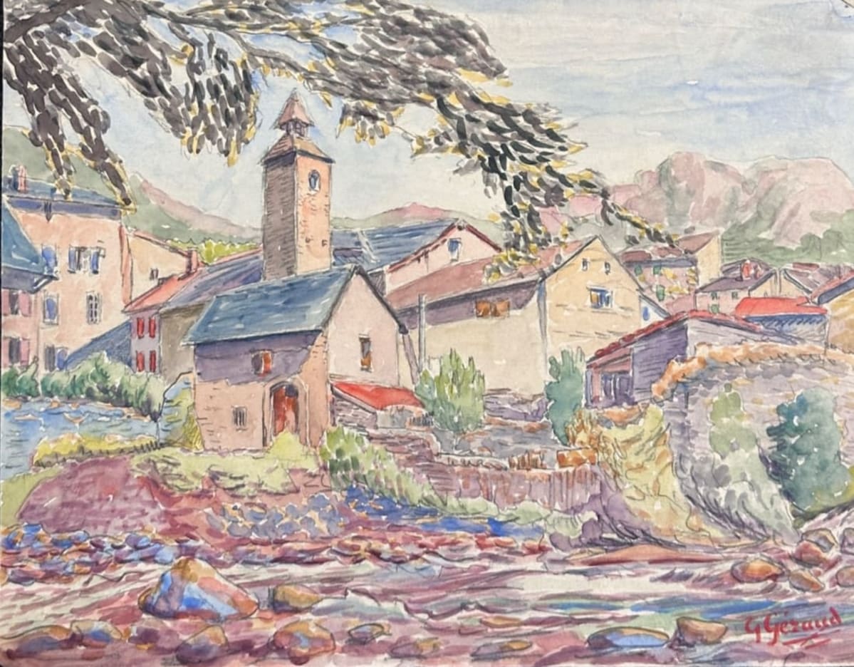 Ancienne aquarelle école pyrénéenne vue de village Ax-les-Thermes 1920 montagne - Image 1