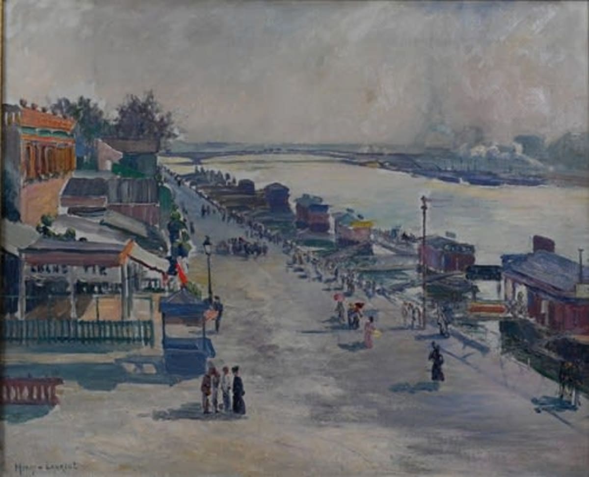 Ancien tableau Paris Belle époque la Seine animée tour Eiffel Henry Laurent XIXe - Image 1