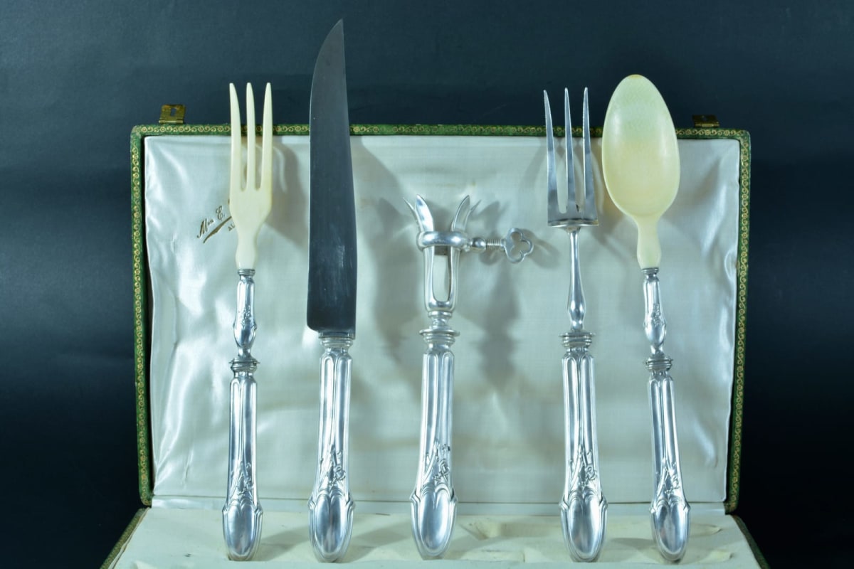 Service à découper / salade ancien argent Louis Charpentier Art Nouveau nouille - Image 1