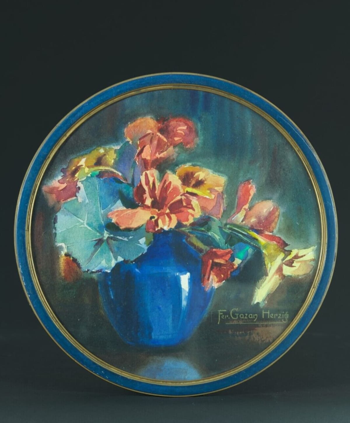 Ancien tableau aquarelle Herzig art déco bouquet de fleur pensées vase tondo - Image 1