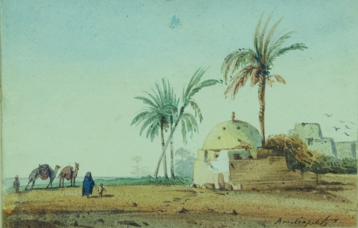 Tableau ancien orientaliste XIXe Amable Crapelet vue d'Egypte animé mausolée - Image 1