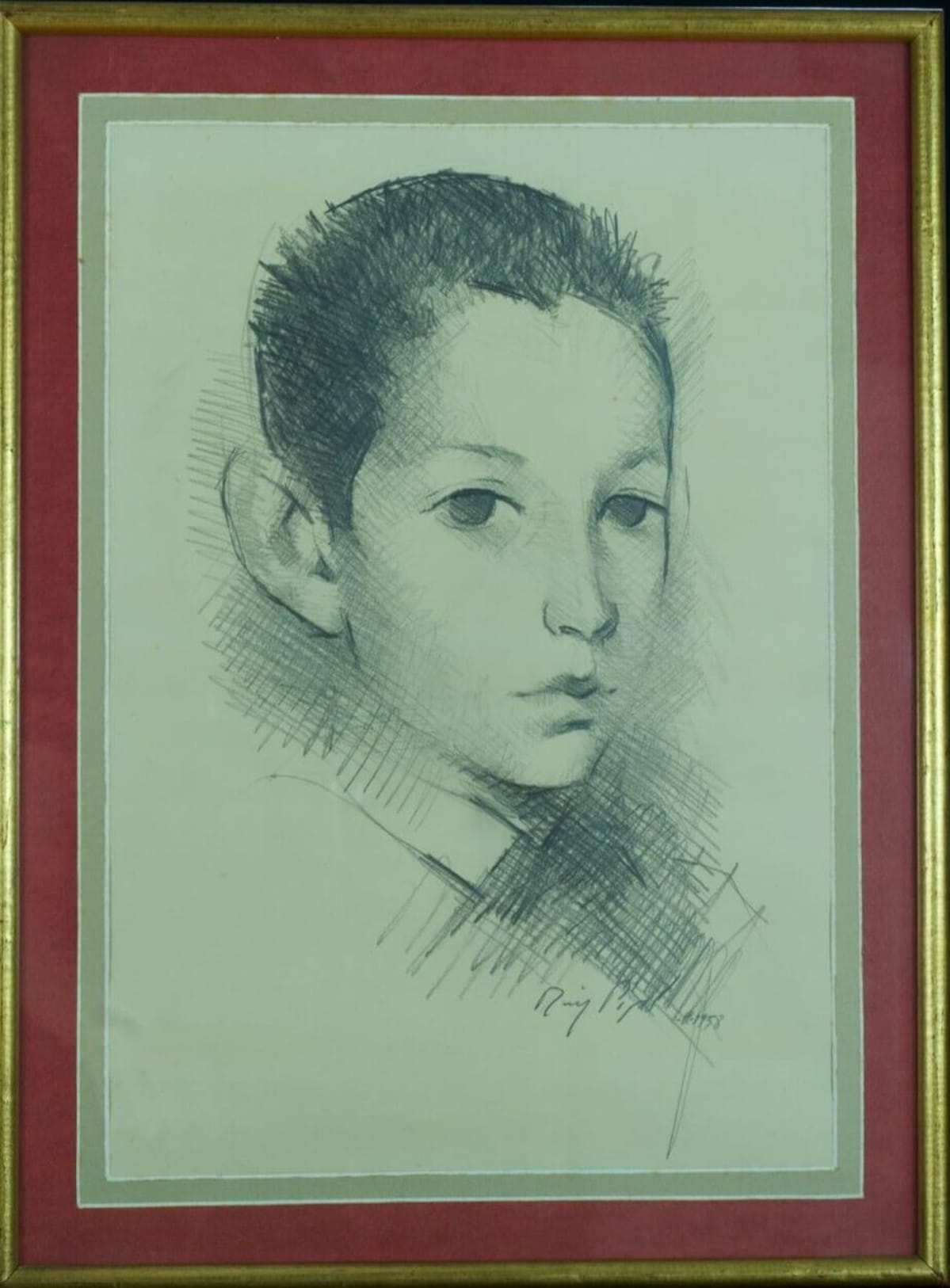 Tableau ancien rare dessin portrait de jeune garçon Manolo Ruiz Pipo 1958 Agen - Image 1