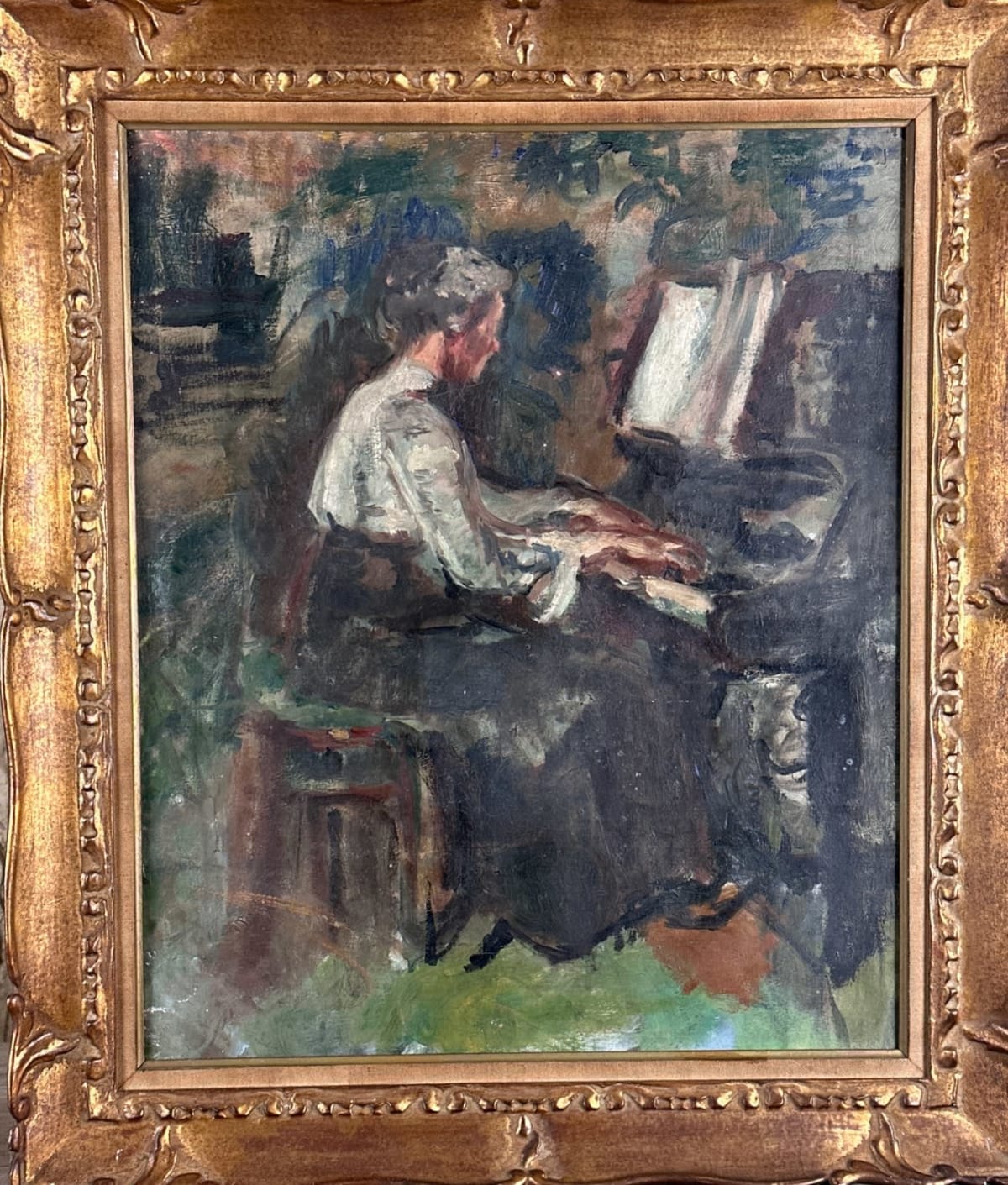 Ancien tableau ancien portrait de femme la pianiste intérieur salon 1910 Dantin - Image 1
