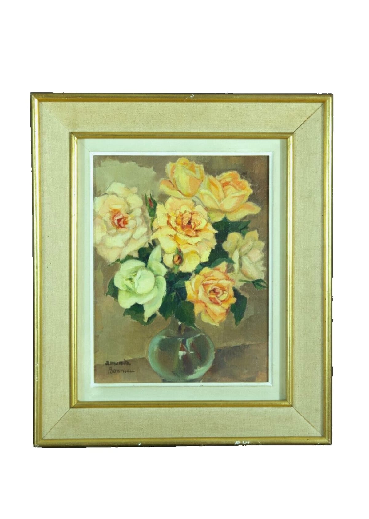 Ancien tableau Toulouse Amanda Bonnieu nature bouquet de roses vase signé 1950 - Image 1