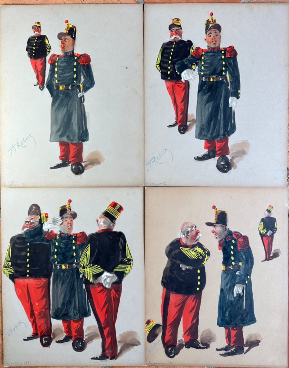 Ancien tableau infanterie militaire costume tenue colonie caricature Robert x 4 - Image 1