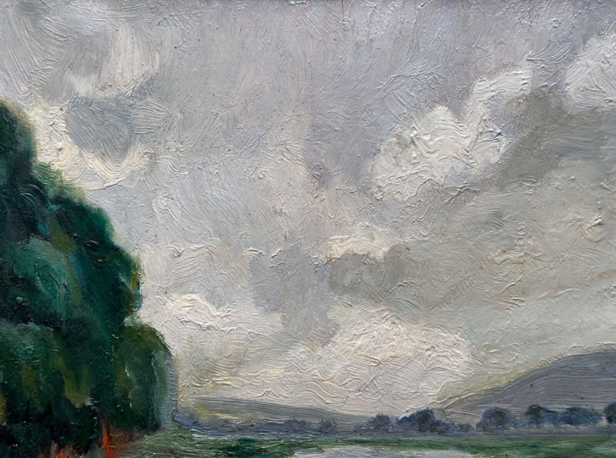 Beau tableau ancien paysage vue de rivière ciel impressionniste Louis Clesse - Image 1