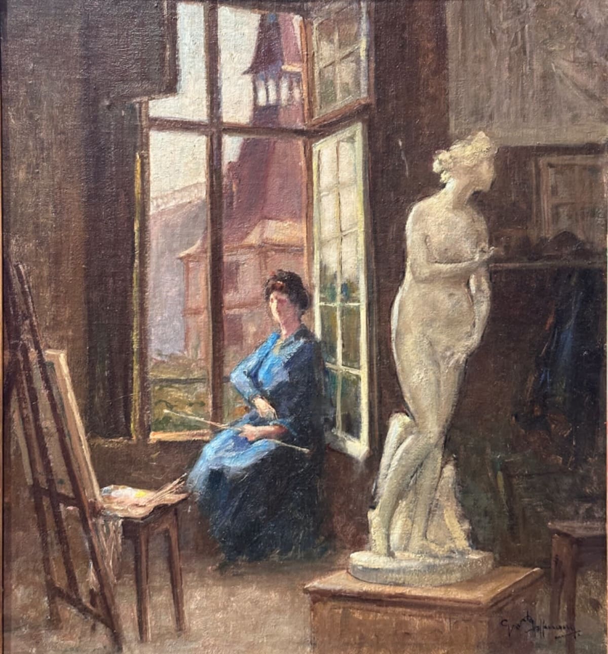 Ancien tableau art nouveau atelier école de Nancy portrait femme peintre Hoffman - Image 1