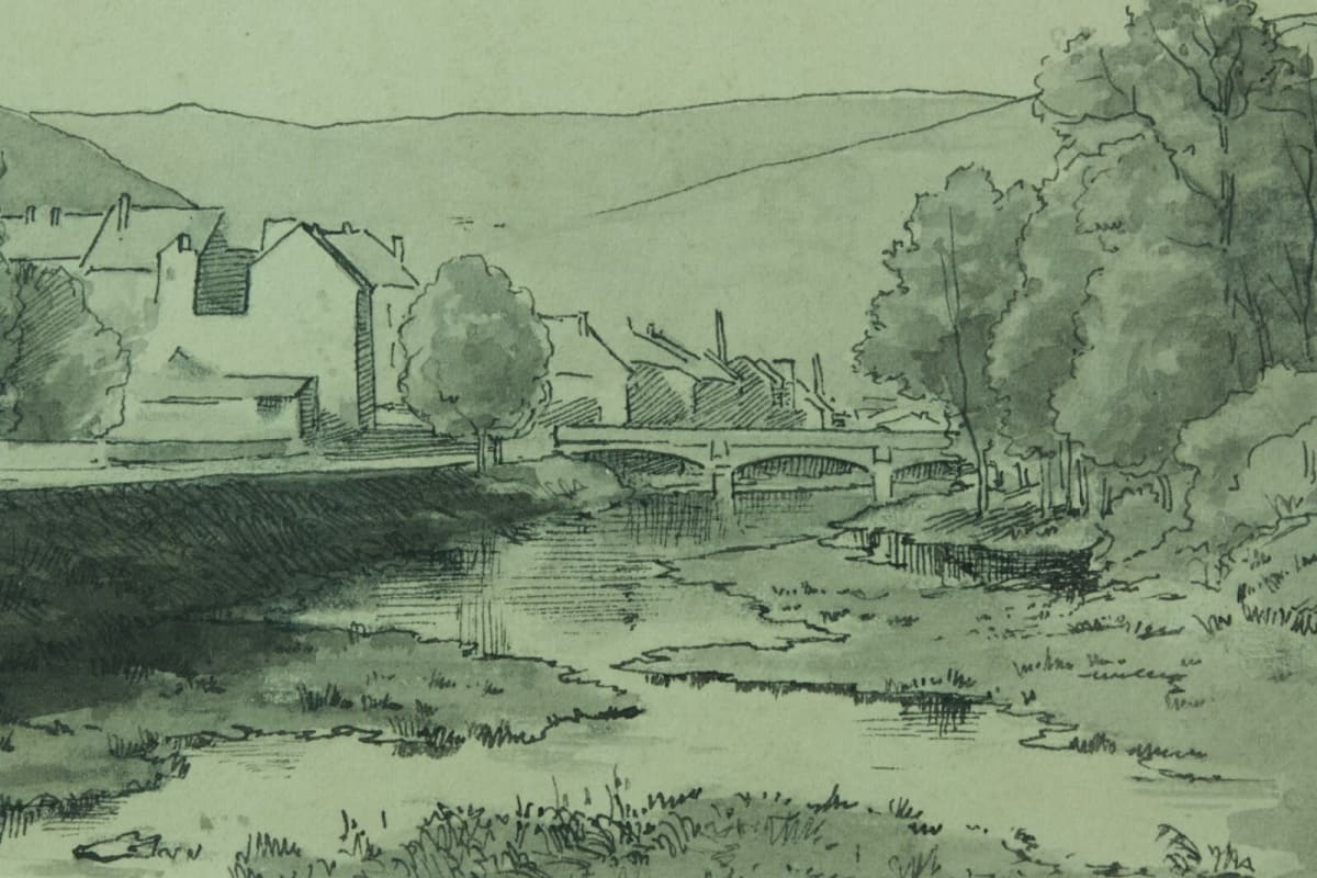 Ancien dessin Gabriel Guerin Bourbonne-les-Bains vue animée rivière pont 1900 - Image 1