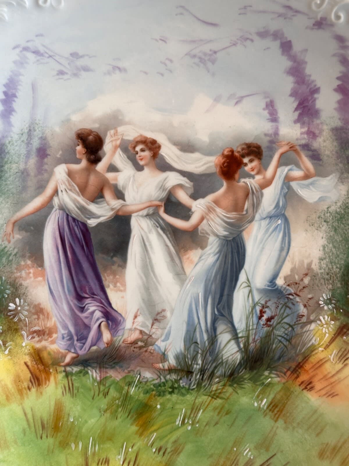 Grand plat porcelaine Limoges scène galante ronde antique muse fées paysage 1930 - Image 1