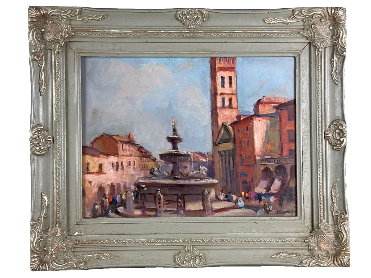 Tableau ancien paysage fontaine romaine ville animée Rome été Marcel Bertoin - Image 1