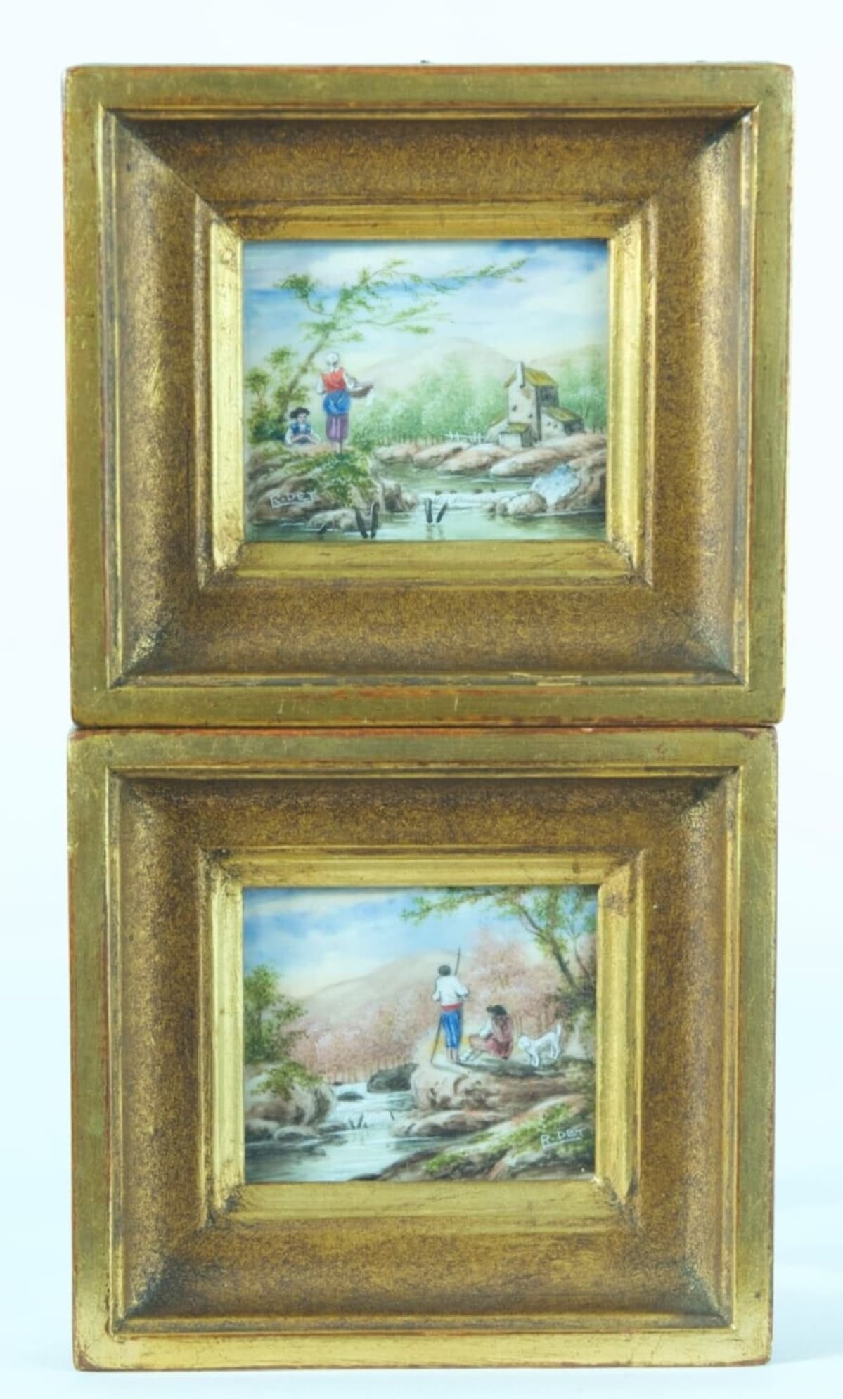 Tableaux miniatures anciens paysages animés signés cadre bois doré x2 Ridet - Image 1
