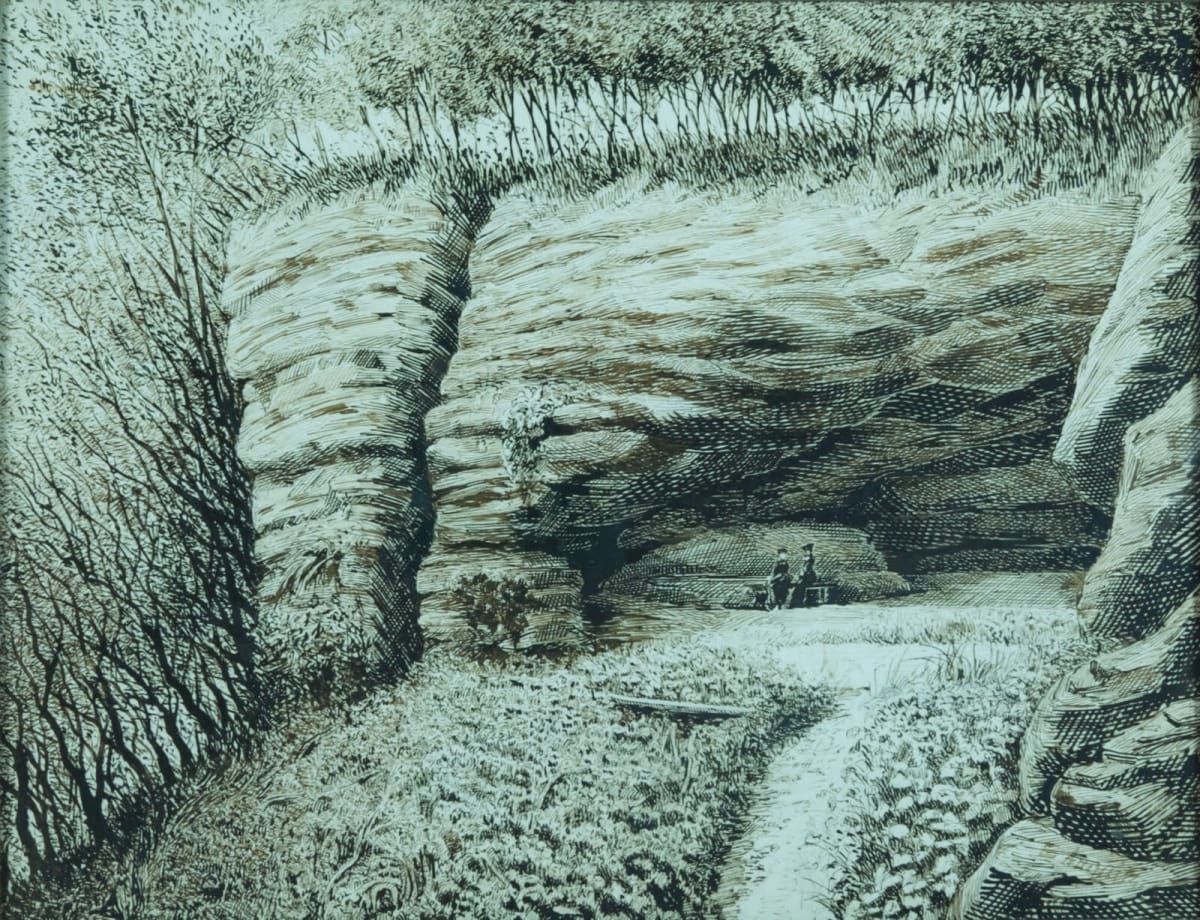 Tableau ancien dessin paysage animé élégante assise sur un banc grotte Auguin - Image 1