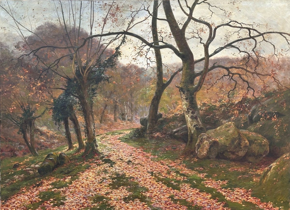 Grand tableau ancien paysage forêt Barbizon Fontainebleau impressionniste Dufau - Image 1