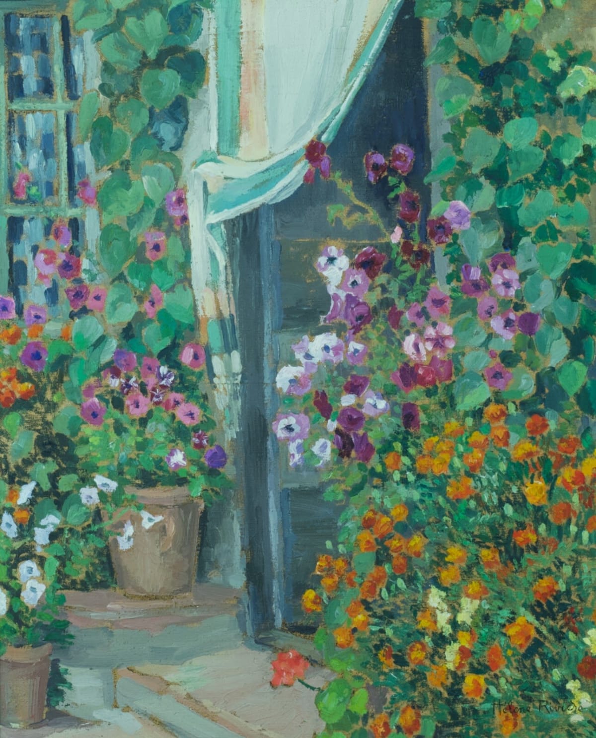 Tableau ancien vue de jardin printanier entrée de maison Hélène Rivière HST 1930 - Image 1