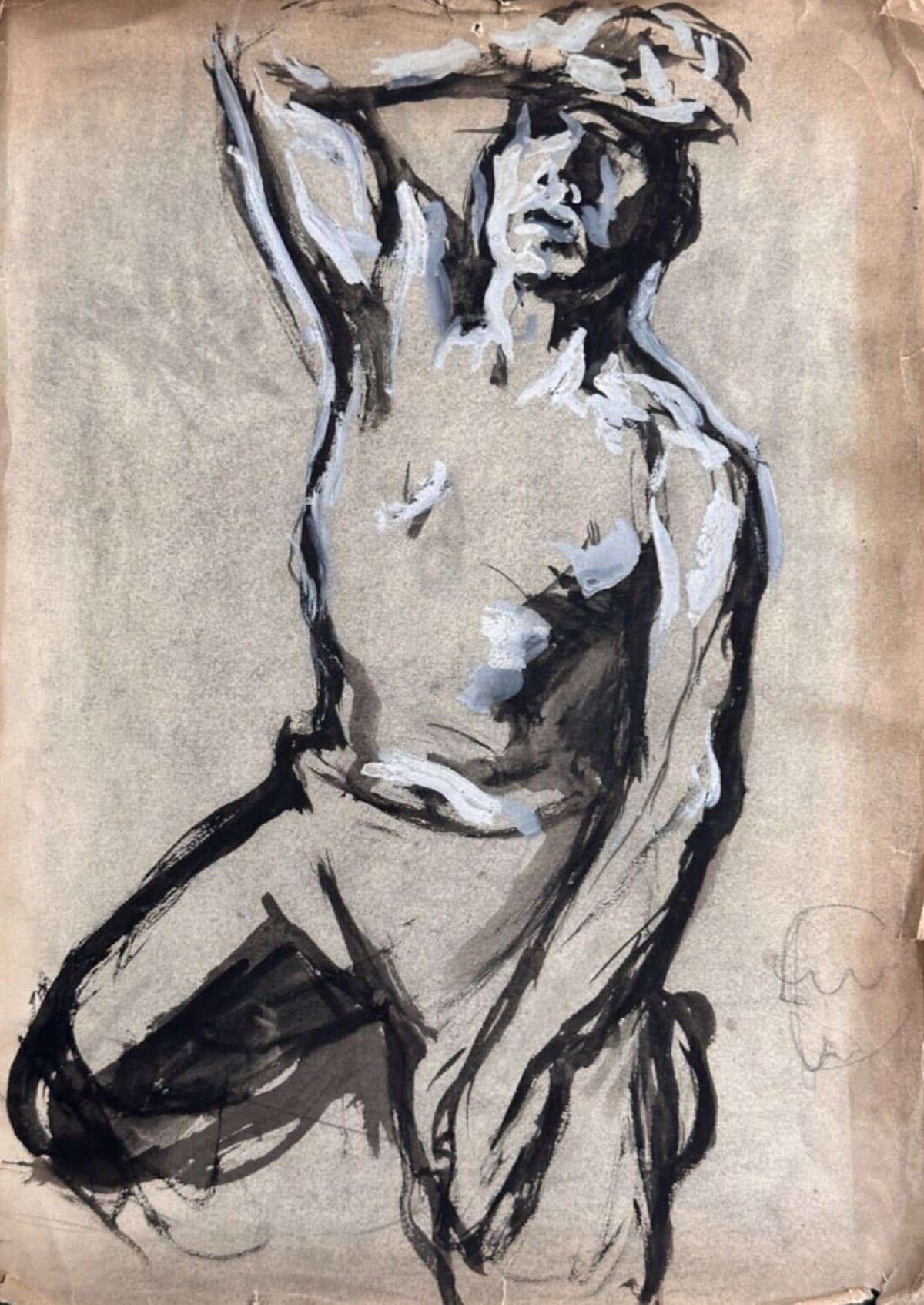 Dessin Jean Terles Beaux Arts portrait d'homme à genoux torse nu académie 1930 - Image 1