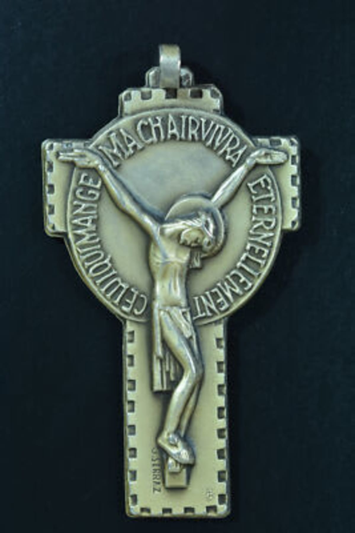 Superb modernist religious bronze silver plated pectoral cross crucifix signed - Image 1