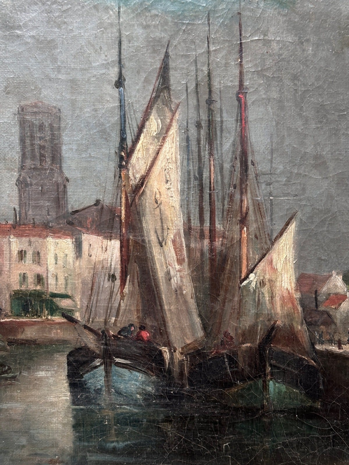 Tableau ancien le port de La Rochelle marine animé bateau Furcy de Lavault XIXe - Image 1