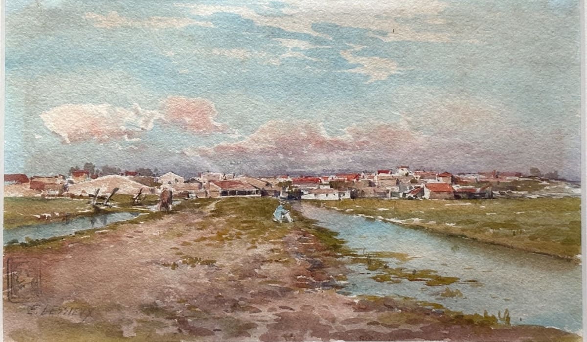 Ernest Lessieux dessin ancien paysage animé peintre sur le motif aquarelle ciel - Image 1