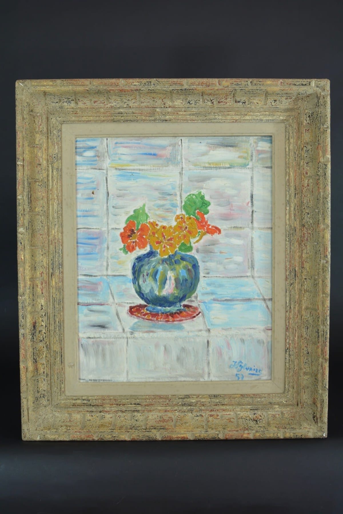 Ancien tableau nature morte aux capucines fleurs poète Jean Sylvaire Dordogne - Image 1