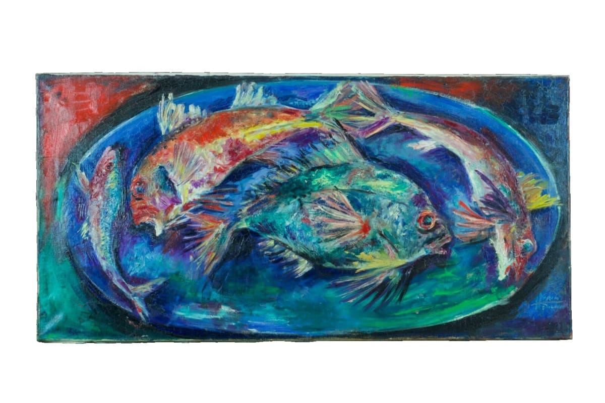 Tableau ancien marine nature morte poissons expressionniste Henry Saint Plancat - Image 1