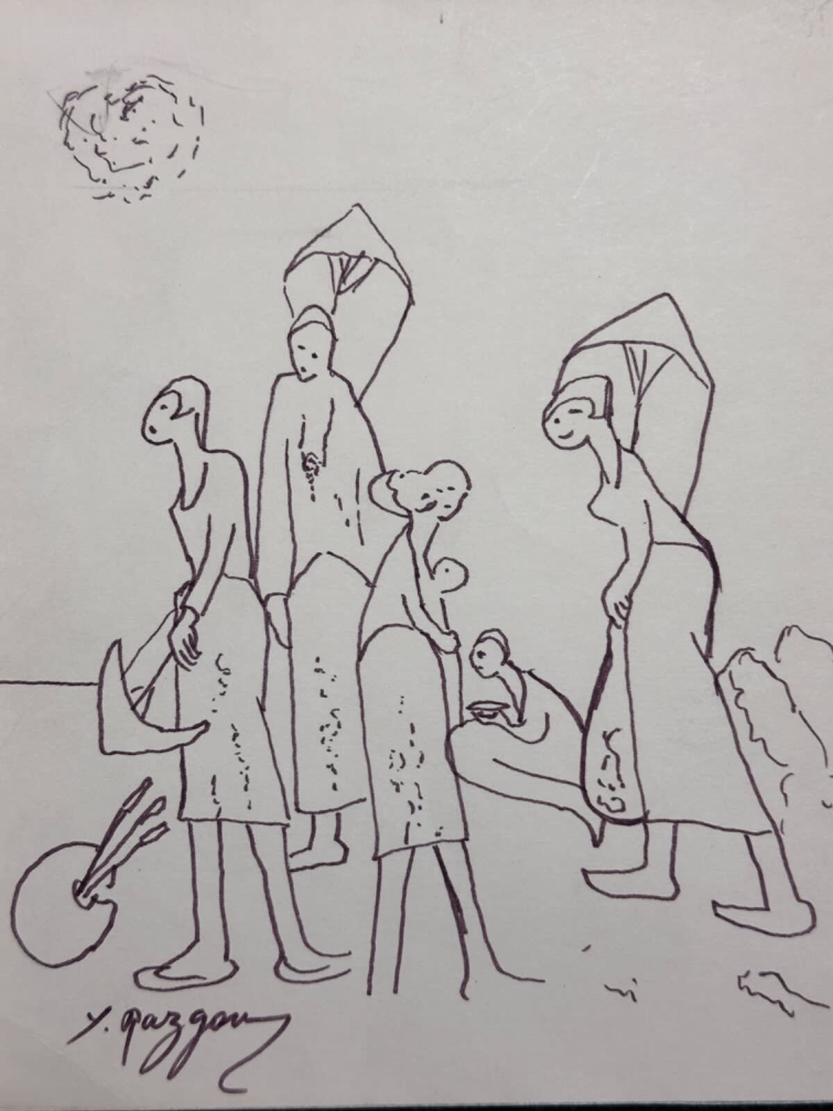 Ancien dessin / feutre sur canson Yvon Razgour croquis femmes peintre à la plage - Image 1