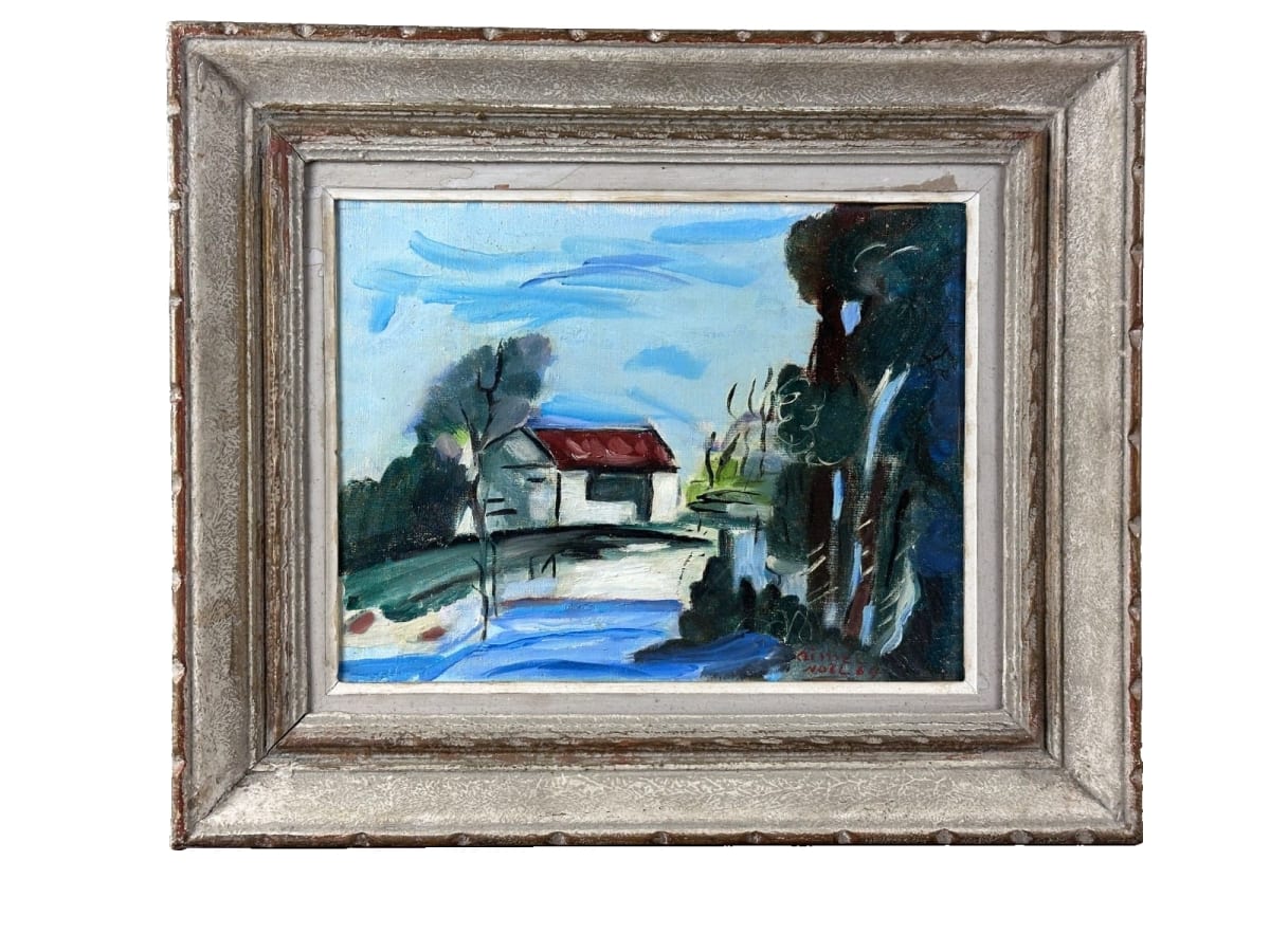 Tableau ancien paysage expressioniste vue de village style de Vlaminck HST cadre - Image 1