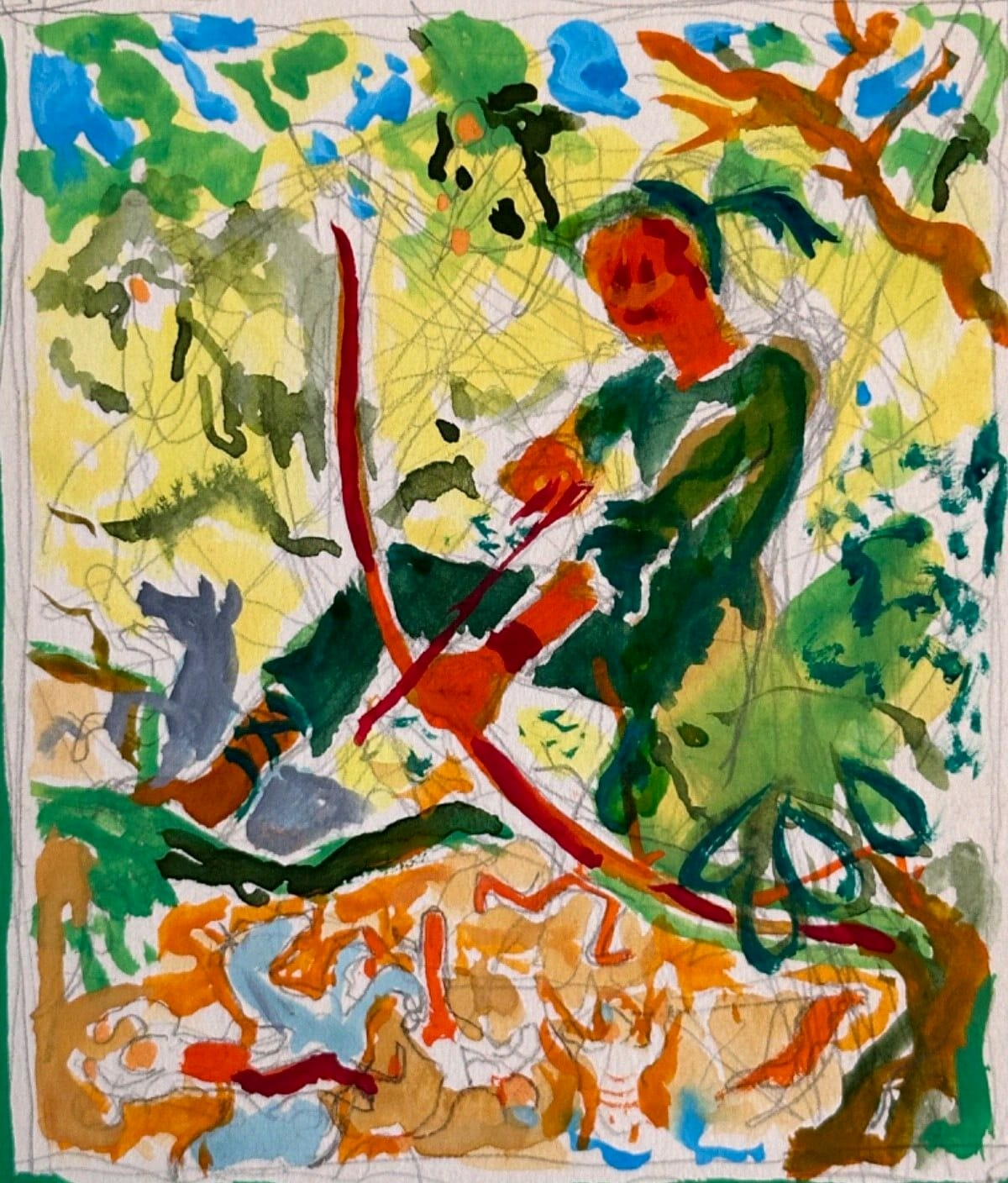 Aquarelle Jean Terles portrait Robin des Bois Ivanhoé Sherwood Archer Arbre - Image 1