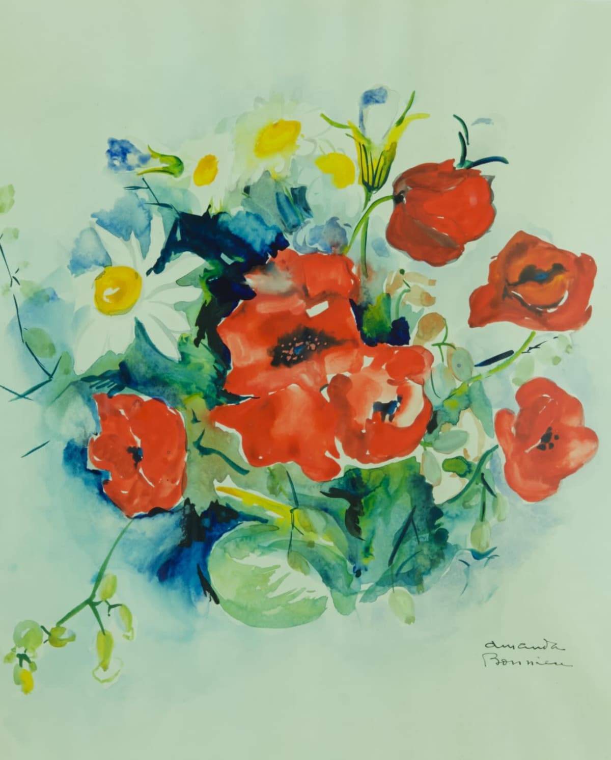 Ancien tableau aquarelle Toulouse Amanda Bonnieu fleurs coquelicot Sète 1950 - Image 1