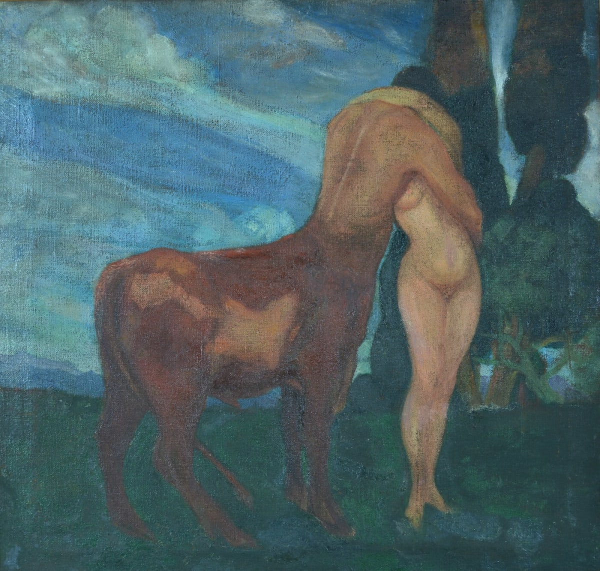 Tableau ancien symboliste centaure nymphe nue paysage Umberto Brunelleschi - Image 1