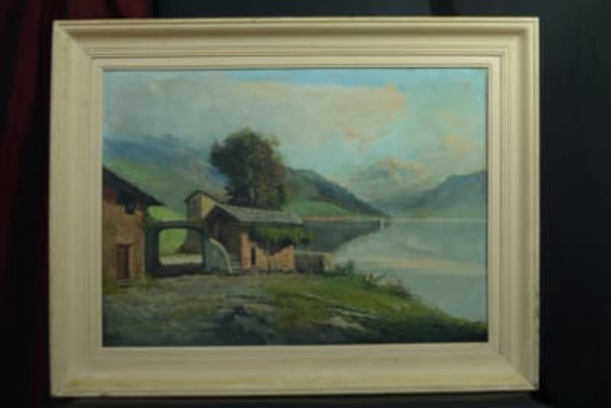 Beau tableau ancien paysage de montagne signé Carlo Casati maison lac Léman - Image 1