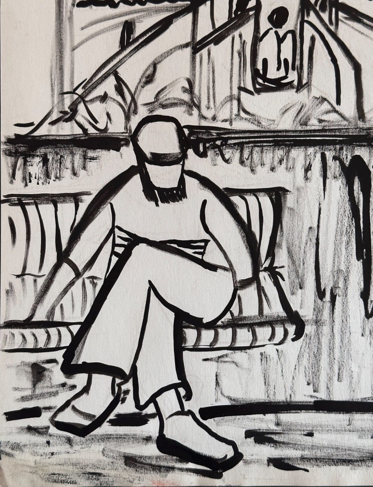 Beau dessin signé expressionniste homme assis banc Paris Notre-Dame A. Besser - Image 1