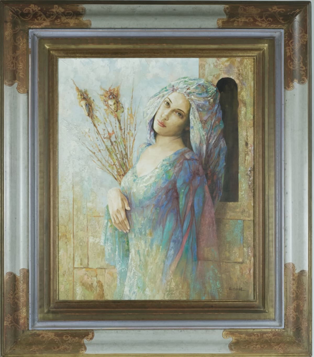 Beau tableau moderne portrait de jeune femme rêveuse onirique Gérard Guiné HST - Image 1