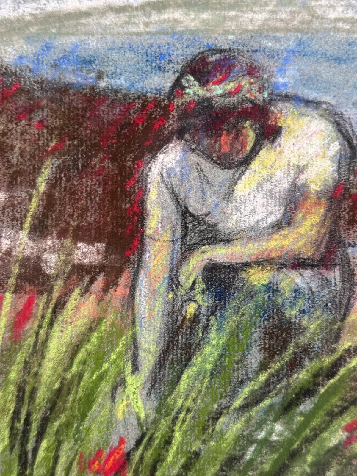 Dessin Jean Terles portrait de femme travaux des champs moisson pastel 1930 - Image 1