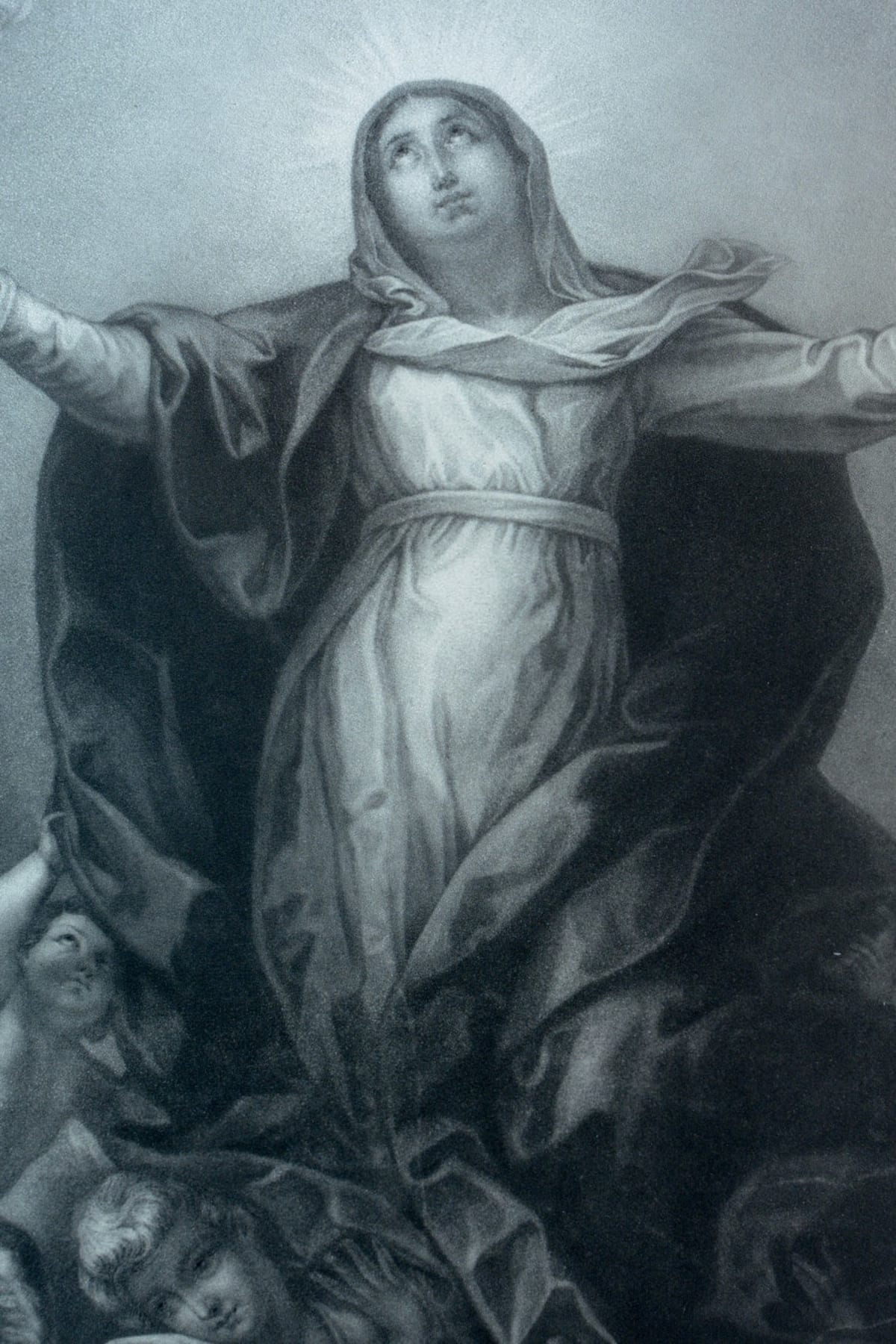 Grande gravure portrait XIXe assomption de la vierge extases anges religious - Image 1
