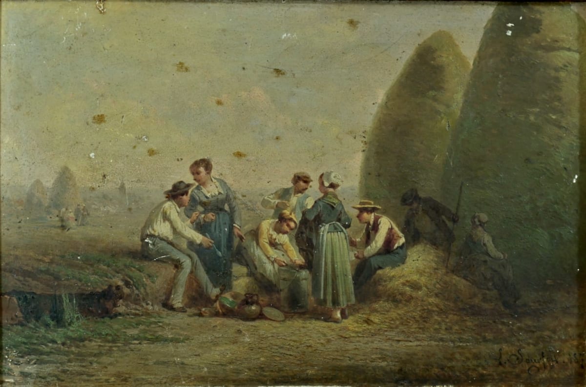 Beau tableau ancien campagne Normandie repas travaux des champs meules Saurfelt - Image 1