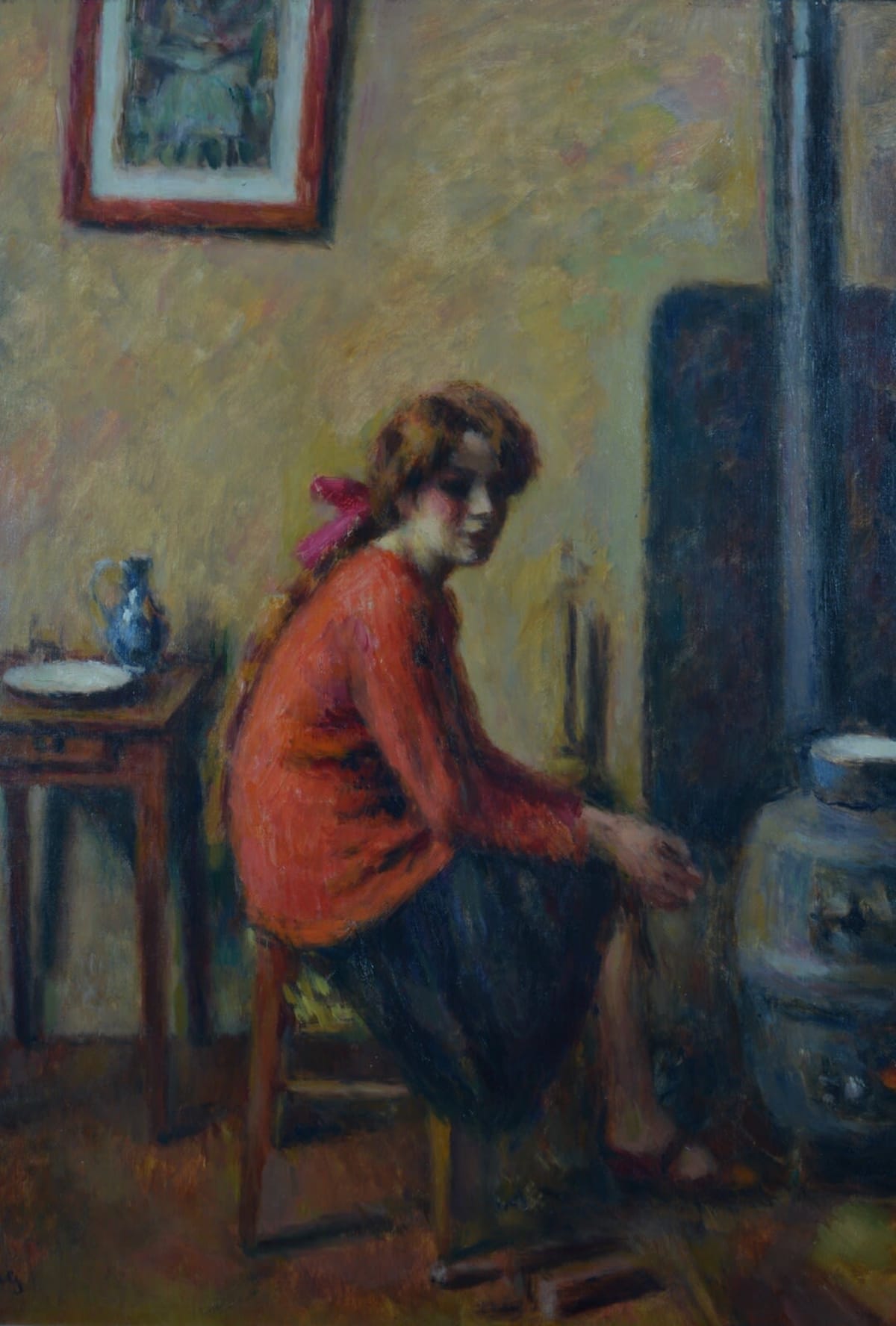 Tableau ancien portrait jeune femme dans l'atelier poêle Guerin Japon expo1907 - Image 1