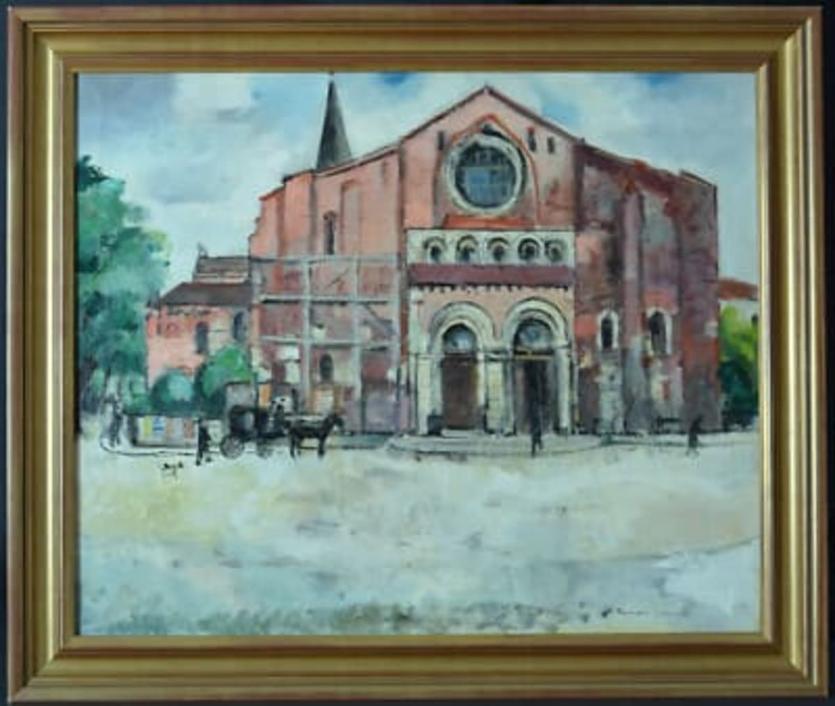Grand tableau paysage animé Bernard Lamotte place Saint-Sernin Toulouse art déco - Image 1