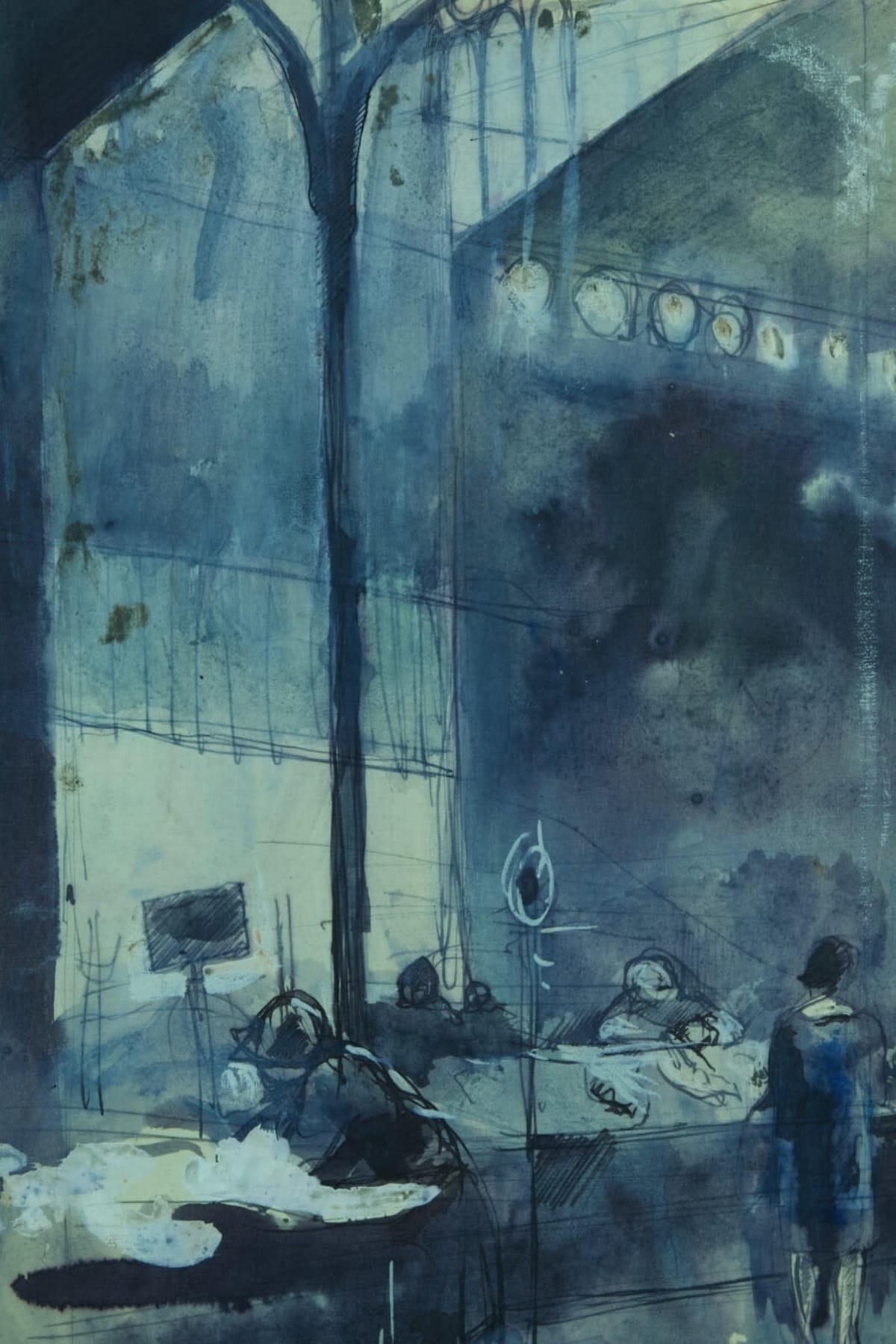 Ancien dessin scène de marché sous la halle à Paris Jean Terles Art Deco 1930 - Image 1